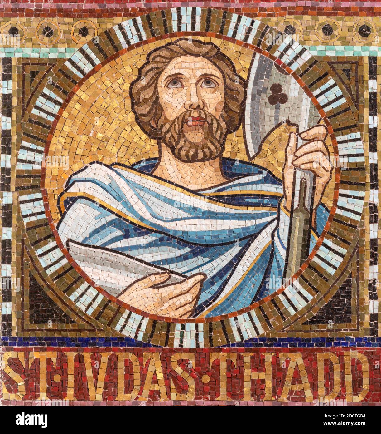 VIENNA, AUSTIRA - OCTOBER 22, 2020: The detail of apostle St. Jude Thaddeus from mosaic of Immaculate Conception in church Pfarrkirche Kaisermühlen. Stock Photo