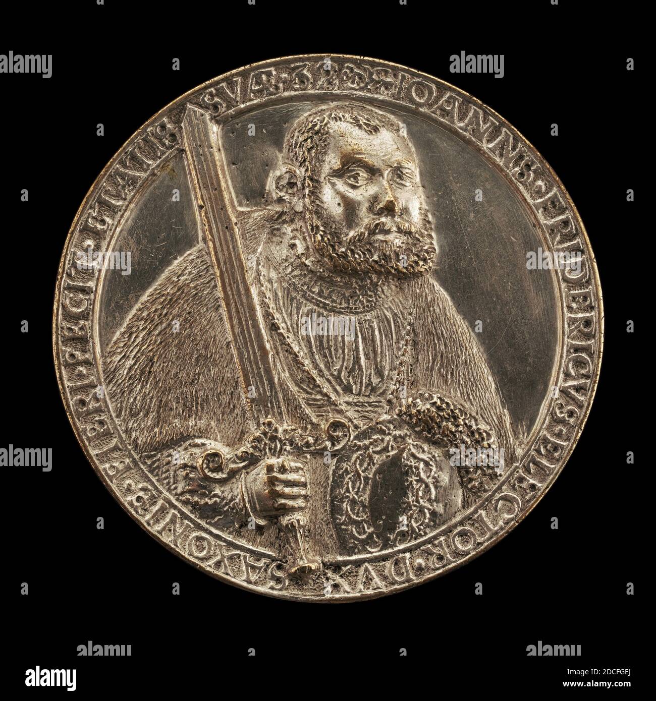 Hans Reinhart the Elder, (medalist), German, c. 1510 - 1581, Johann Friedrich, 1503-1554, Elector of Saxony 1532, 1535, silver, overall (diameter): 6.51 cm (2 9/16 in.), gross weight: 66.65 gr (0.147 lb.), axis: 12:00 Stock Photo