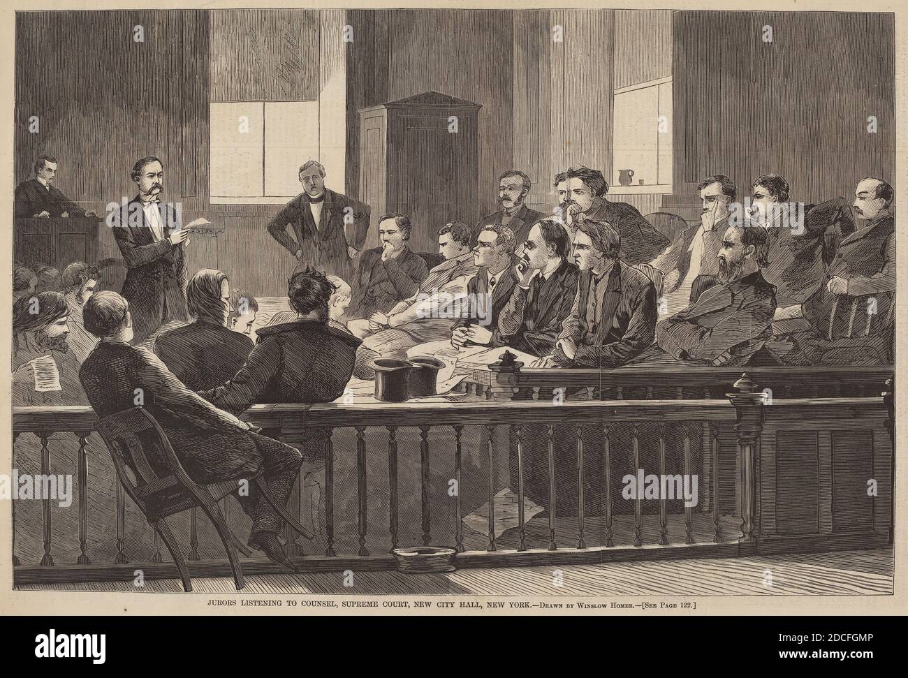 American 19th Century, (artist), Winslow Homer, (artist after), American, 1836 - 1910, Jurors Listening to Counsel, Supreme Court, New City Hall, New York, From 'Harper's Weekly', February 20, 1869, p.120, (series), published 1869, wood engraving Stock Photo