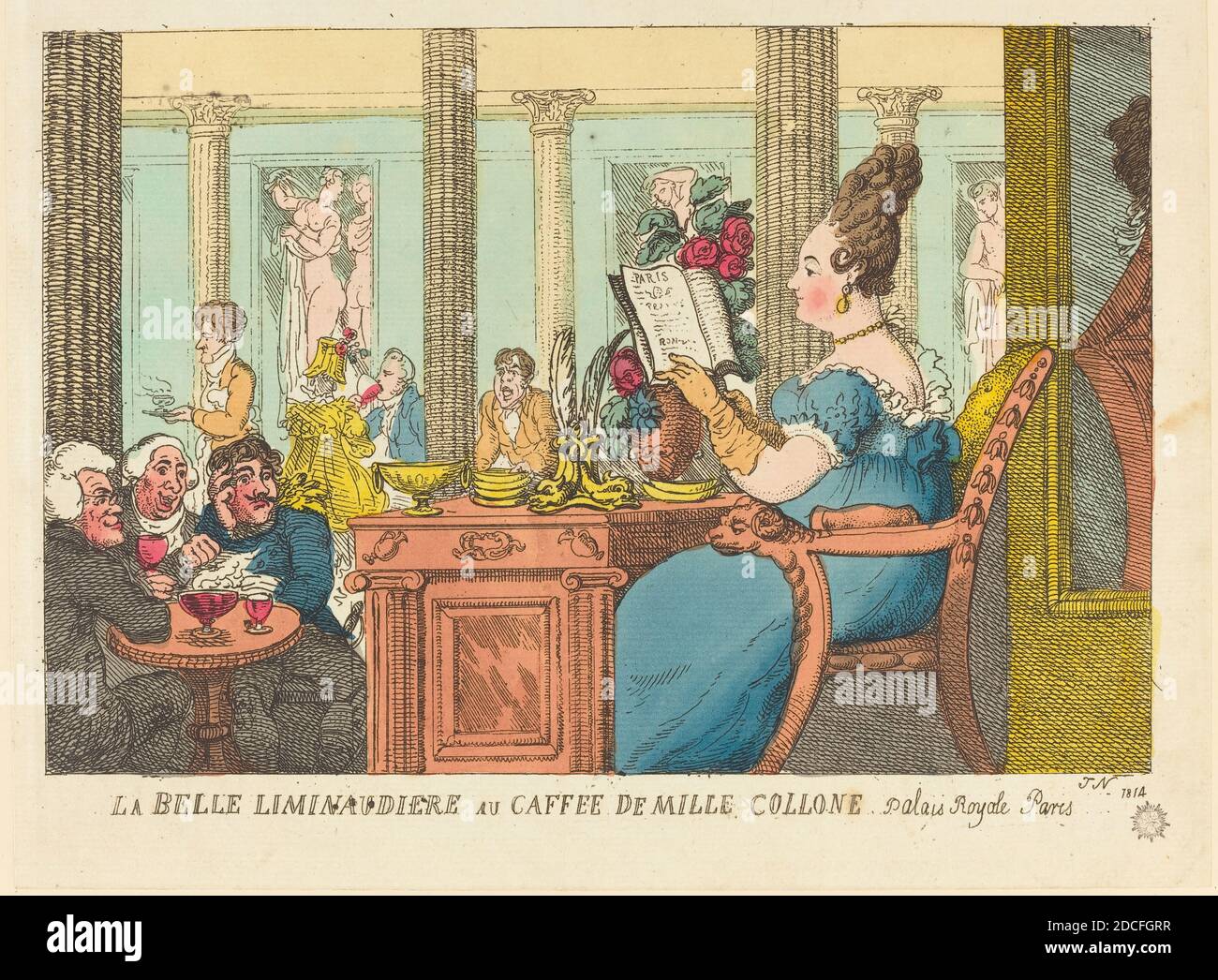 Thomas Rowlandson, (artist), British, 1756 - 1827, La Belle Limonaudiere au Cafe des Mille Colonnes, Palais Royal, Paris, 1814, hand-colored etching Stock Photo