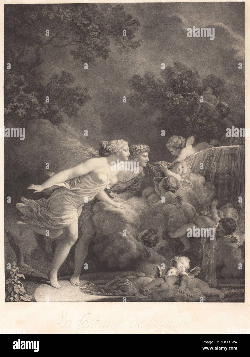 Nicolas François Regnault, (artist), French, 1746 - 1810, Jean Honoré Fragonard, (artist after), French, 1732 - 1806, La Fontaine d'Amour (The Fountain of Love), 1785, stipple etching, image: 53.4 x 42.8 cm (21 x 16 7/8 in.), plate: 64.2 x 48.2 cm (25 1/4 x 19 in Stock Photo