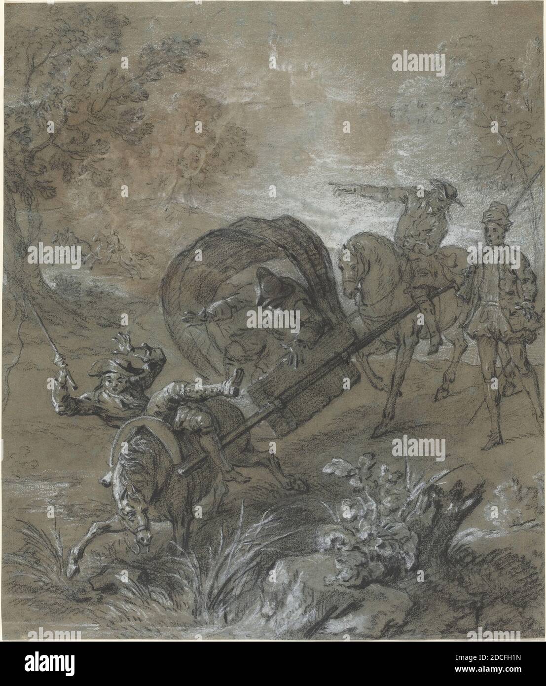 Jean-Baptiste Oudry, (artist), French, 1686 - 1755, La Rancune en brancard, abattu dans le bourbier, Scarron's Le Roman Comique, (series), 1726, black chalk heightened with white chalk on blue laid paper, overall: 32.6 x 27.8 cm (12 13/16 x 10 15/16 in Stock Photo