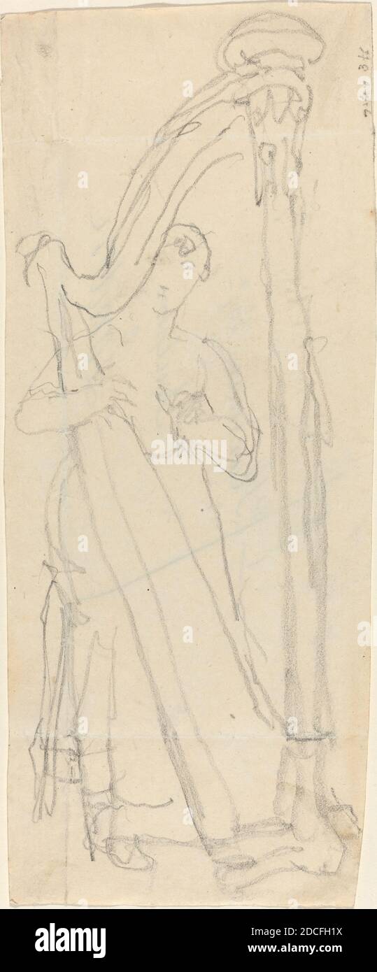 John Flaxman, (artist), British, 1755 - 1826, Woman Playing a Harp (Lavinia Banks?), graphite, overall (approximate): 20.2 x 8.3 cm (7 15/16 x 3 1/4 in Stock Photo