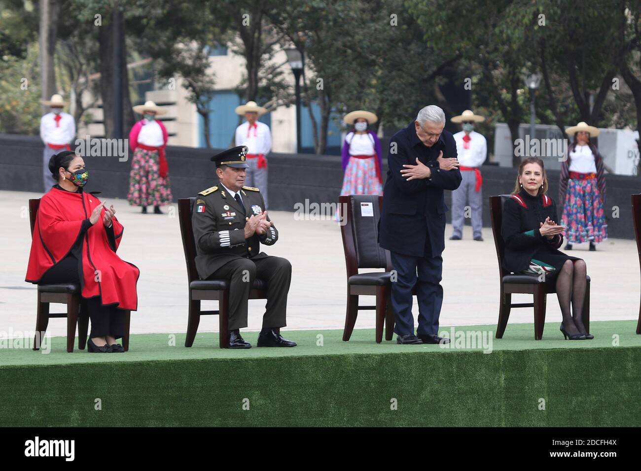 Mexico City, Mexico. 20th Nov, 2020. MEXICO CITY, MEXICO - NOVEMBER 20: Mexico's President Andres Manuel Lopez Obrador heads the ceremony next to wife Beatriz Müller to commemorate 110 anniversary of Revolution of Mexico at Monumento of Revolucion on November 20, 2020 in Mexico City, Mexico. Credit: Ismael Rosas/Eyepix Group/The Photo Access Credit: The Photo Access/Alamy Live News Stock Photo