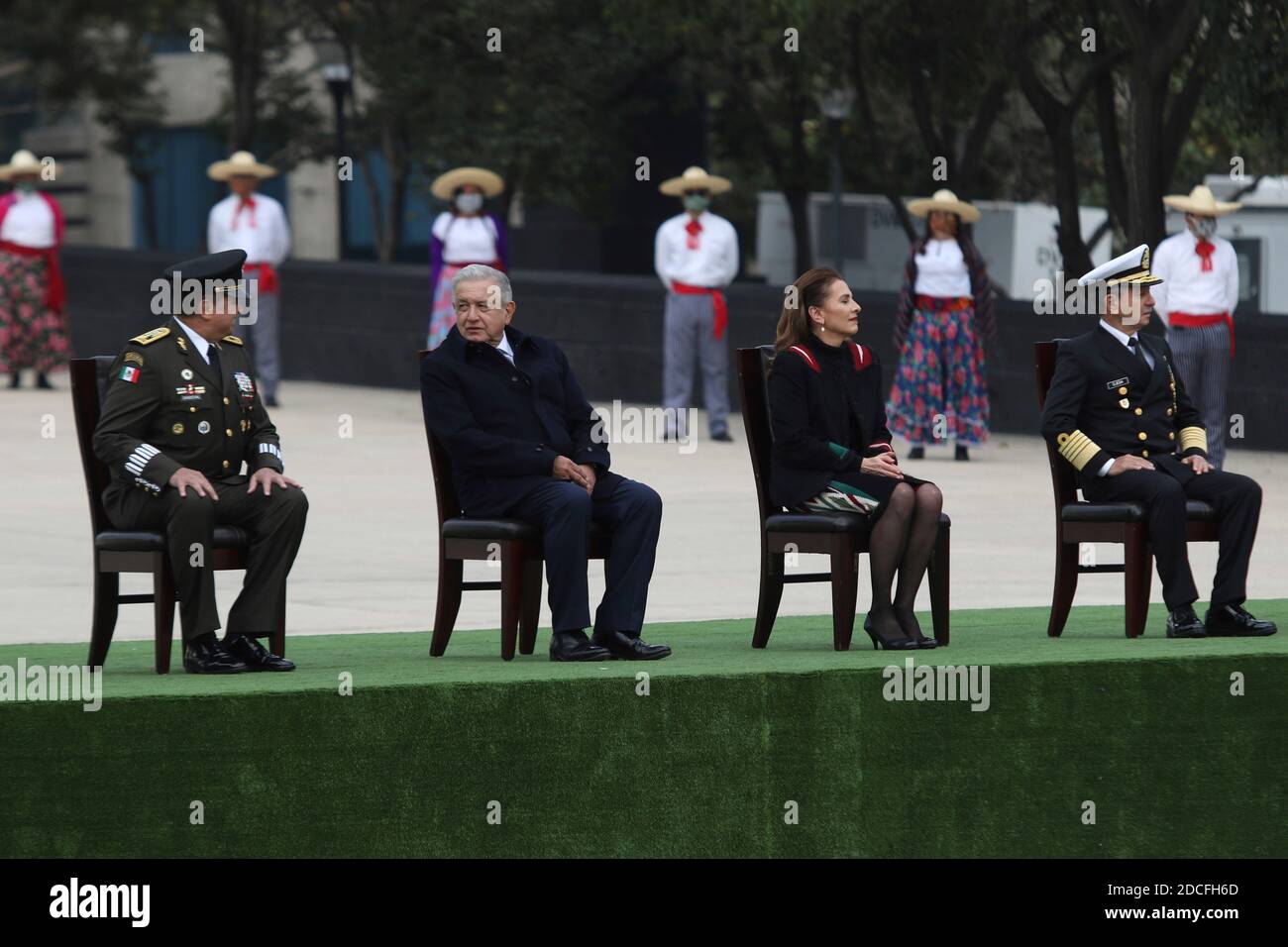 Mexico City, Mexico. 20th Nov, 2020. MEXICO CITY, MEXICO - NOVEMBER 20: Mexico's President Andres Manuel Lopez Obrador heads the ceremony next to wife Beatriz Müller to commemorate 110 anniversary of Revolution of Mexico at Monumento of Revolucion on November 20, 2020 in Mexico City, Mexico. Credit: Ismael Rosas/Eyepix Group/The Photo Access Credit: The Photo Access/Alamy Live News Stock Photo