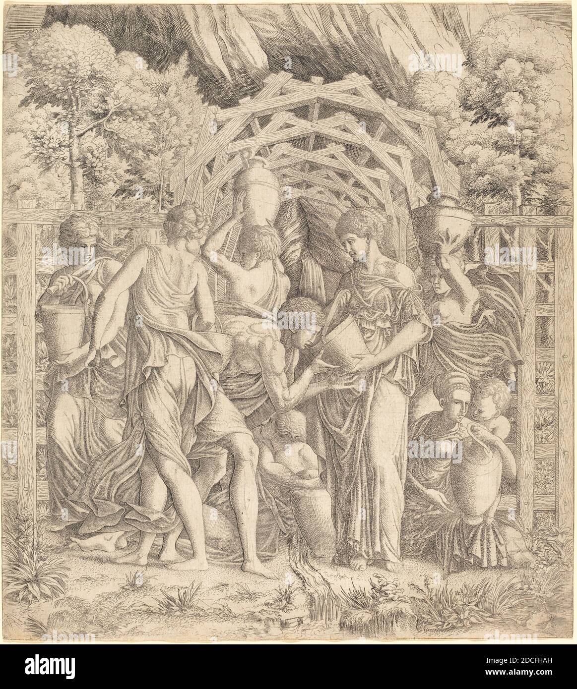 French 16th Century, (artist), Francesco Primaticcio, (artist after), Italian, 1504 - 1570, Young Man Drinking Water (Rebecca and Eliezer?), etching Stock Photo