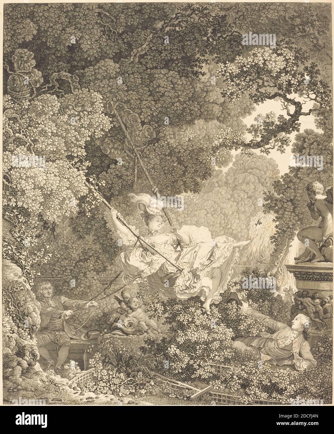 Nicolas Delaunay, (artist), French, 1739 - 1792, Jean Honoré Fragonard, (artist after), French, 1732 - 1806, Les Hazards heureux de l'Escarpolette, probably 1782, etching Stock Photo