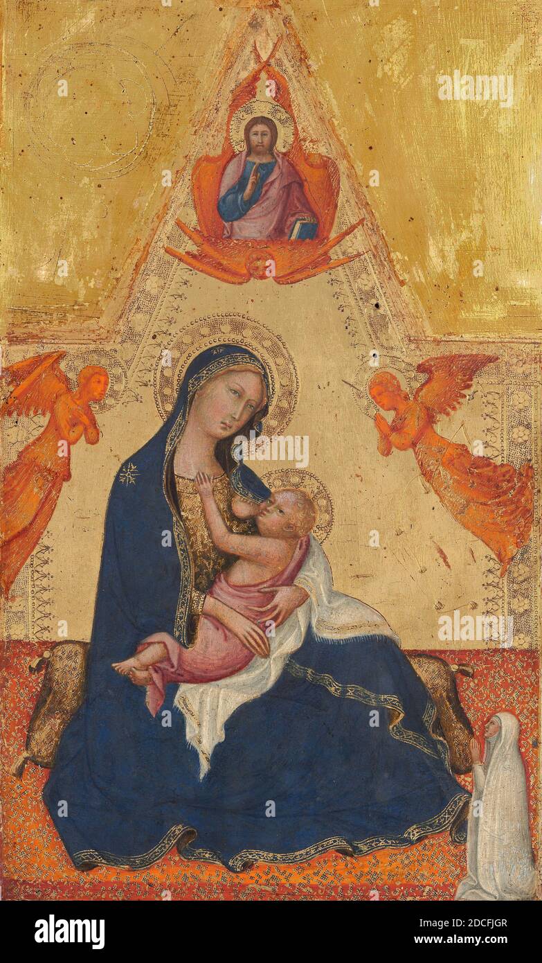 Andrea di Bartolo, (painter), Sienese, active from 1389 - died 1428, Madonna of Humility, The Blessing Christ, Two Angels, and a Donor, c. 1380/1390, tempera on panel, painted surface: 28.4 × 17 cm (11 3/16 × 6 11/16 in.), overall: 30 × 18.6 × 0.8 cm (11 13/16 × 7 5/16 × 5/16 in.), framed: 52.1 x 34.3 x 7.6 cm (20 1/2 x 13 1/2 x 3 in Stock Photo