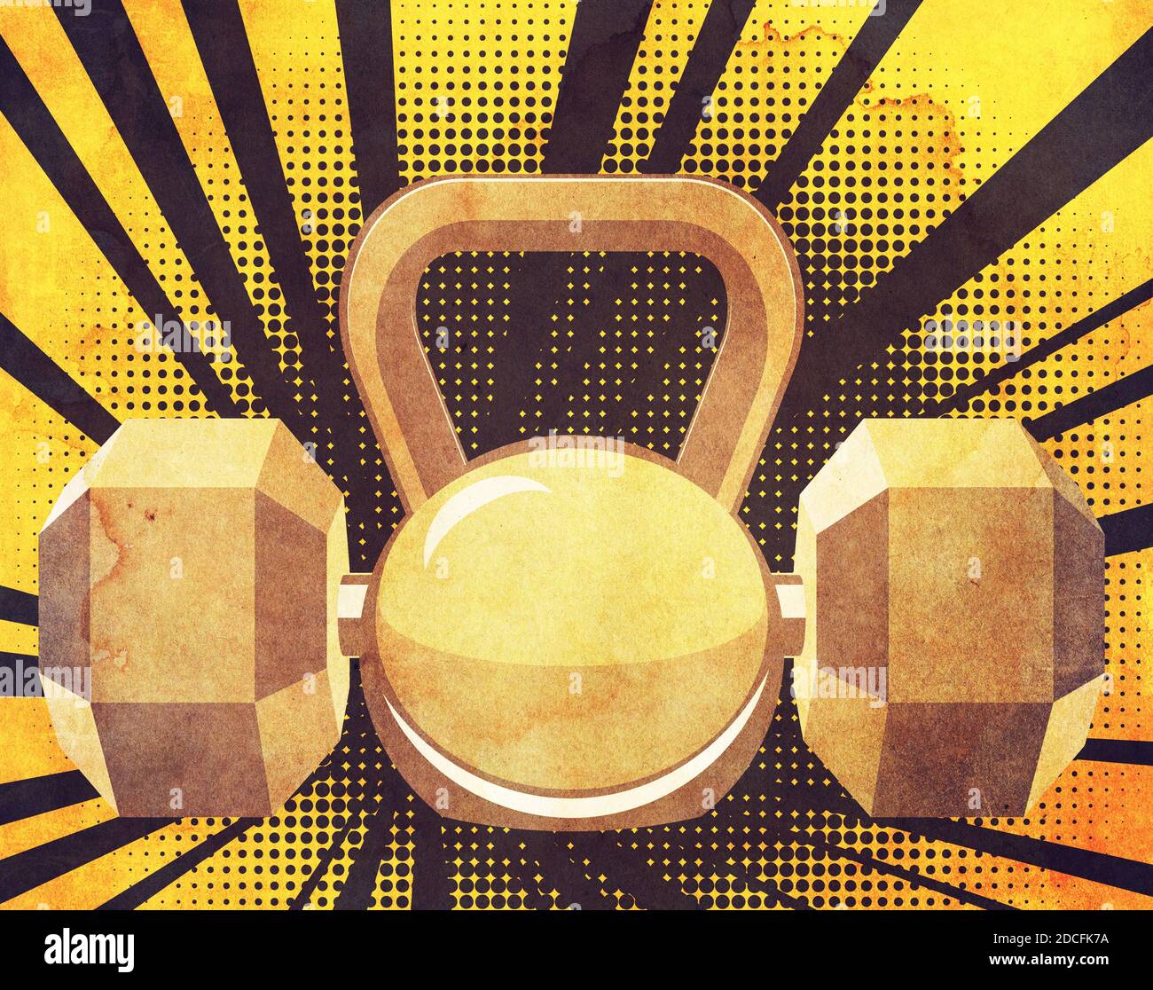 Abstract fitness themed retro design, dumbbells and kettlebell paper ...