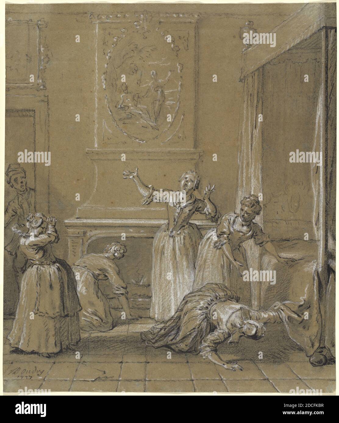 Jean-Baptiste Oudry, (artist), French, 1686 - 1755, On trouve le corps mort  de l'hote que l'on avait cache, Scarron's Le Roman Comique, (series), 1727,  black chalk heightened with white chalk on blue