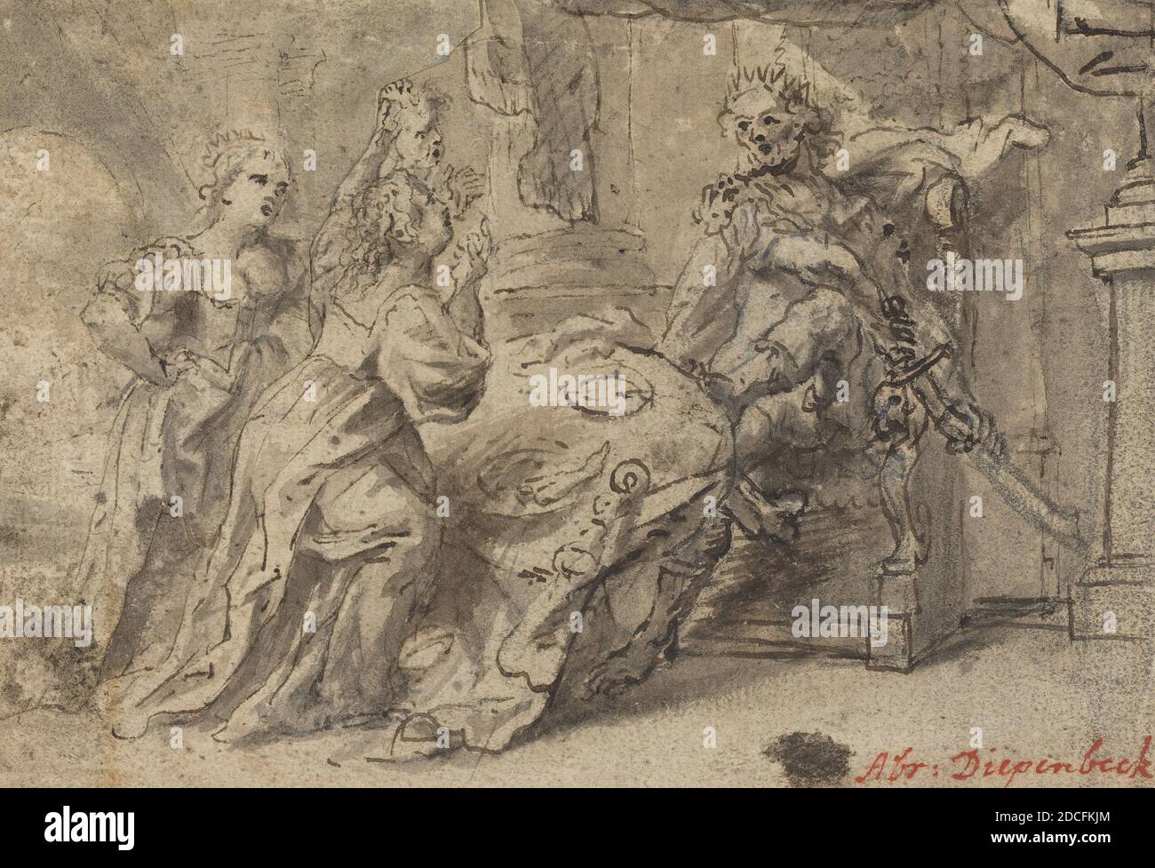 Anonymous Artist, (artist), Abraham van Diepenbeeck, (related artist), Flemish, 1596 - 1675, Philomela, Procne, and the Thracian King Tereus, pen and brown ink with gray wash on laid paper, overall (approximate): 10.5 x 15.4 cm (4 1/8 x 6 1/16 in Stock Photo