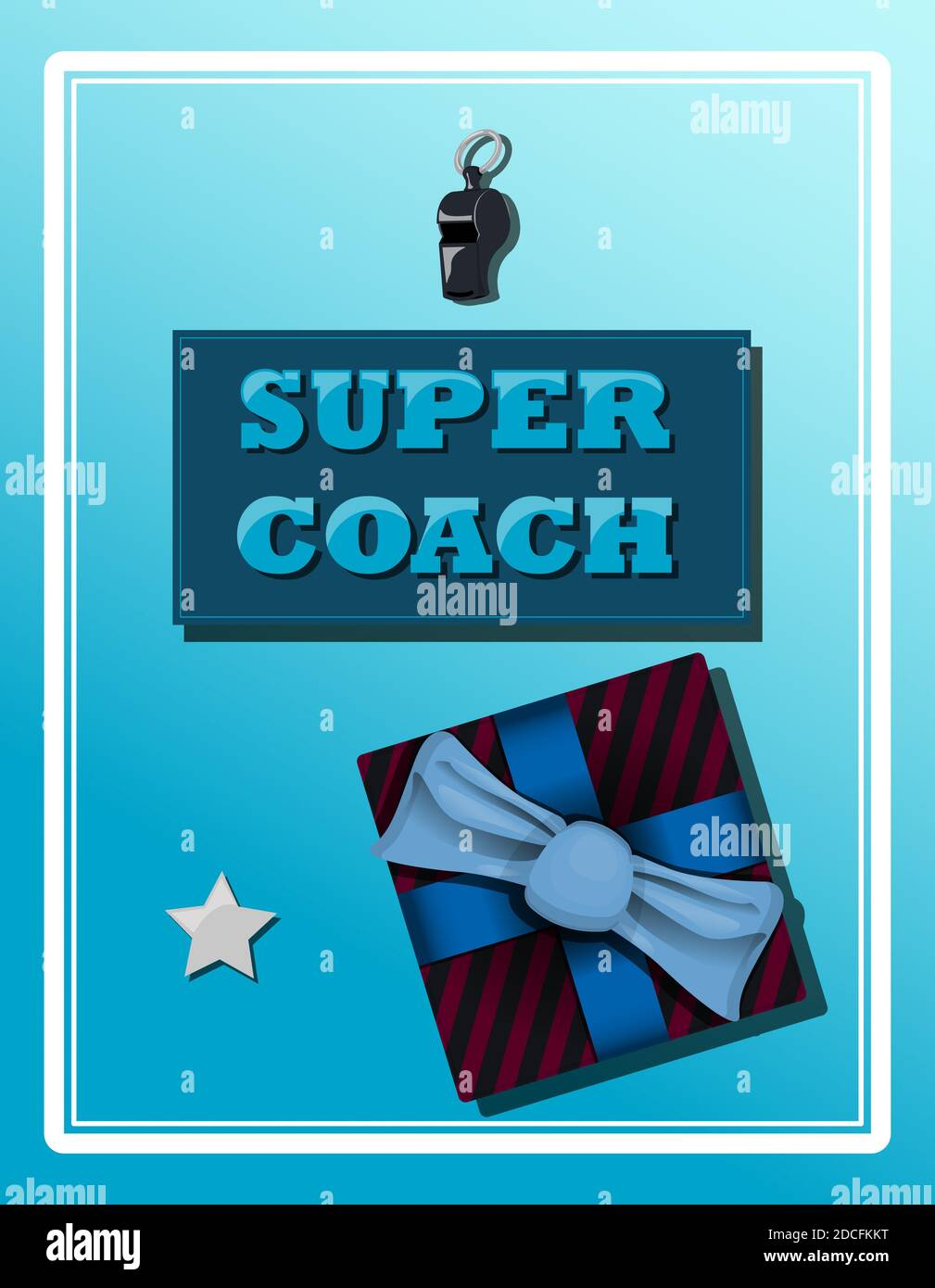 Top view of a background with sports equipment. Label super coach. Sports  fan greeting card with whistle and present. Brutal bright illustration for  a men s postcard, banner, website or ad. Vector