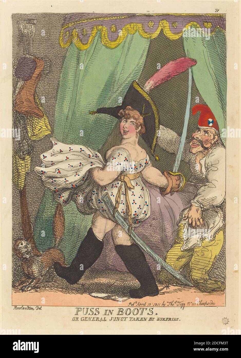 Thomas Rowlandson, (artist), British, 1756 - 1827, Puss in Boots, or General Junot taken by Surprise, published 1811, hand-colored etching Stock Photo