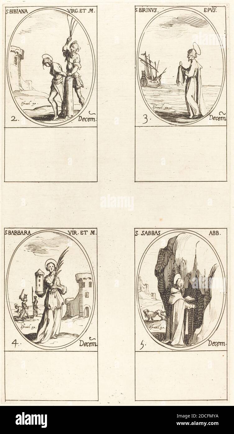 Jacques Callot, (artist), French, 1592 - 1635, St. Irene & Companions; St. Christiana; Sts. Anania, Azaria & Misael; St. Florianus &, The Calendar of Saints, (series), etching Stock Photo