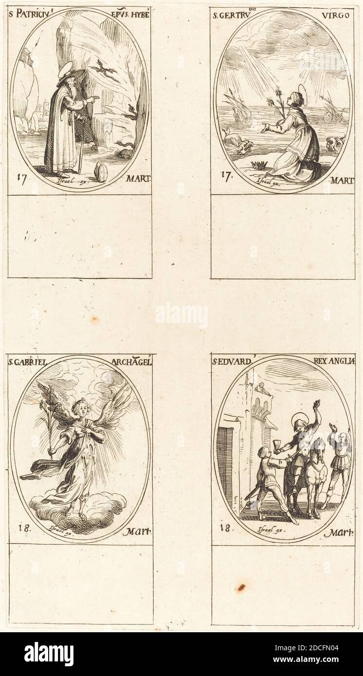 Jacques Callot, (artist), French, 1592 - 1635, St. Patrick; St. Gertrude; St. Gabriel, Archangel; St. Edward, The Calendar of Saints, (series), etching Stock Photo