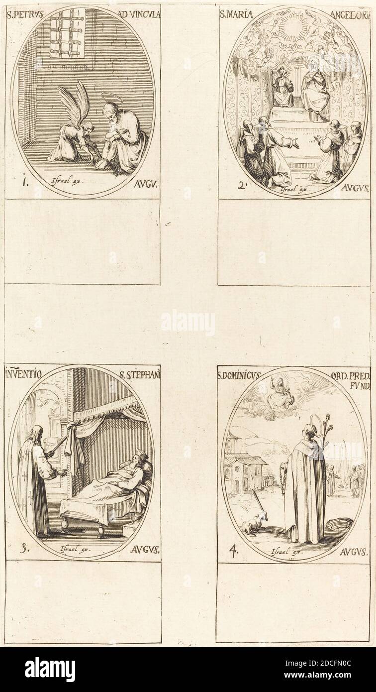 Jacques Callot, (artist), French, 1592 - 1635, St. Peter, Apostle; St. Mary of Angels; Discovery of the Body of St. Stephen; St. Dom, The Calendar of Saints, (series), etching Stock Photo