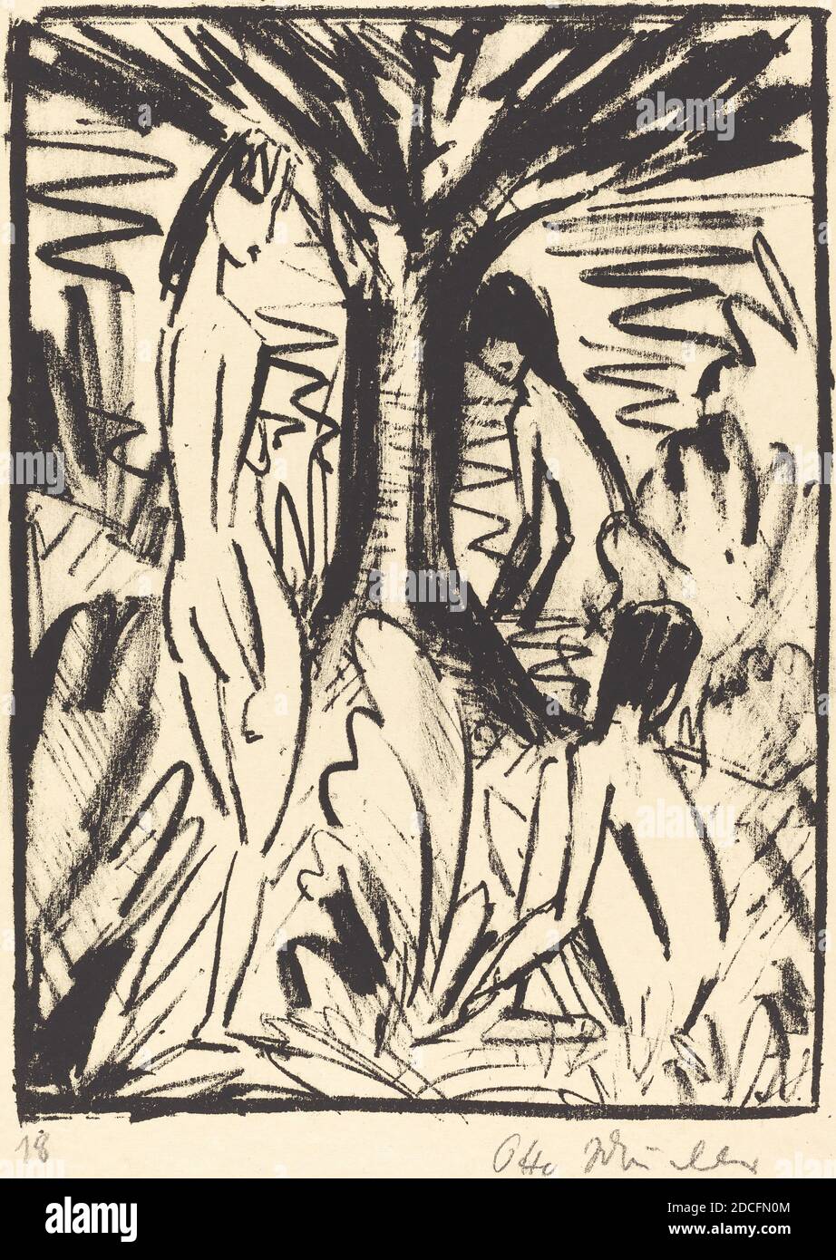Otto Müller, (artist), German, 1874 - 1930, Standing, Sitting, and Bathing Girls near a Tree (Stehende, sitzendes und badendes Madchen am Baum), 1920/1921, lithograph Stock Photo