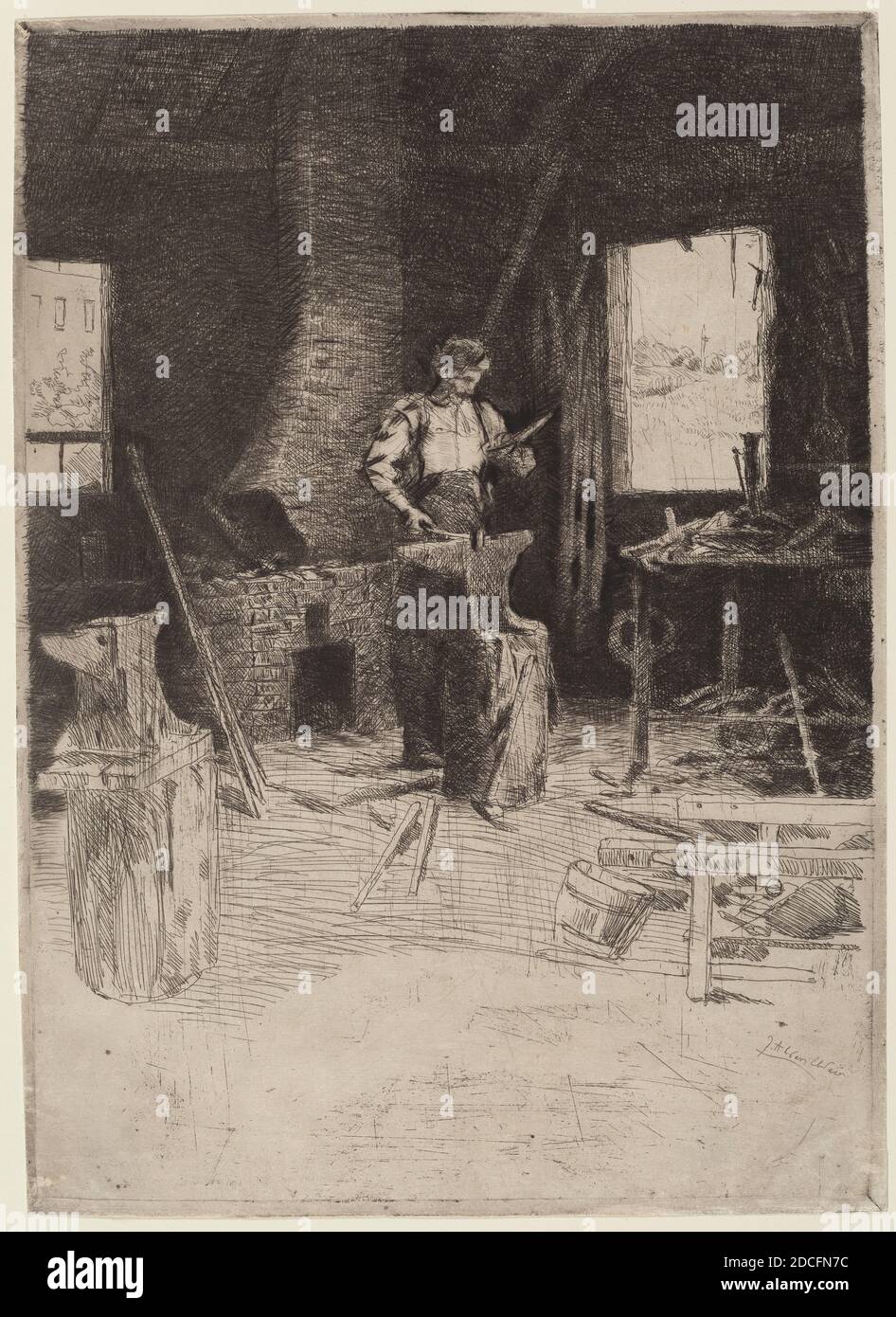 Julian Alden Weir, (artist), American, 1852 - 1919, The Blacksmith's Shop, etching Stock Photo