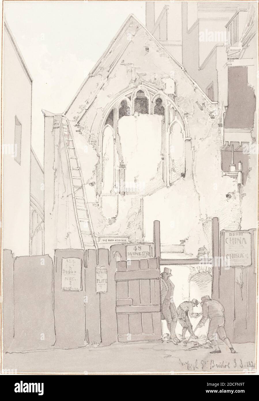 James Johnson, (artist), British, 1803 - 1834, The Discovery of an East Window of All Saints’ Church, behind High Street, Bristol, 1821, watercolor and graphite on wove paper, Overall: 24 x 16.5 cm (9 7/16 x 6 1/2 in.), support: 43.4 x 34.2 cm (17 1/16 x 13 7/16 in Stock Photo