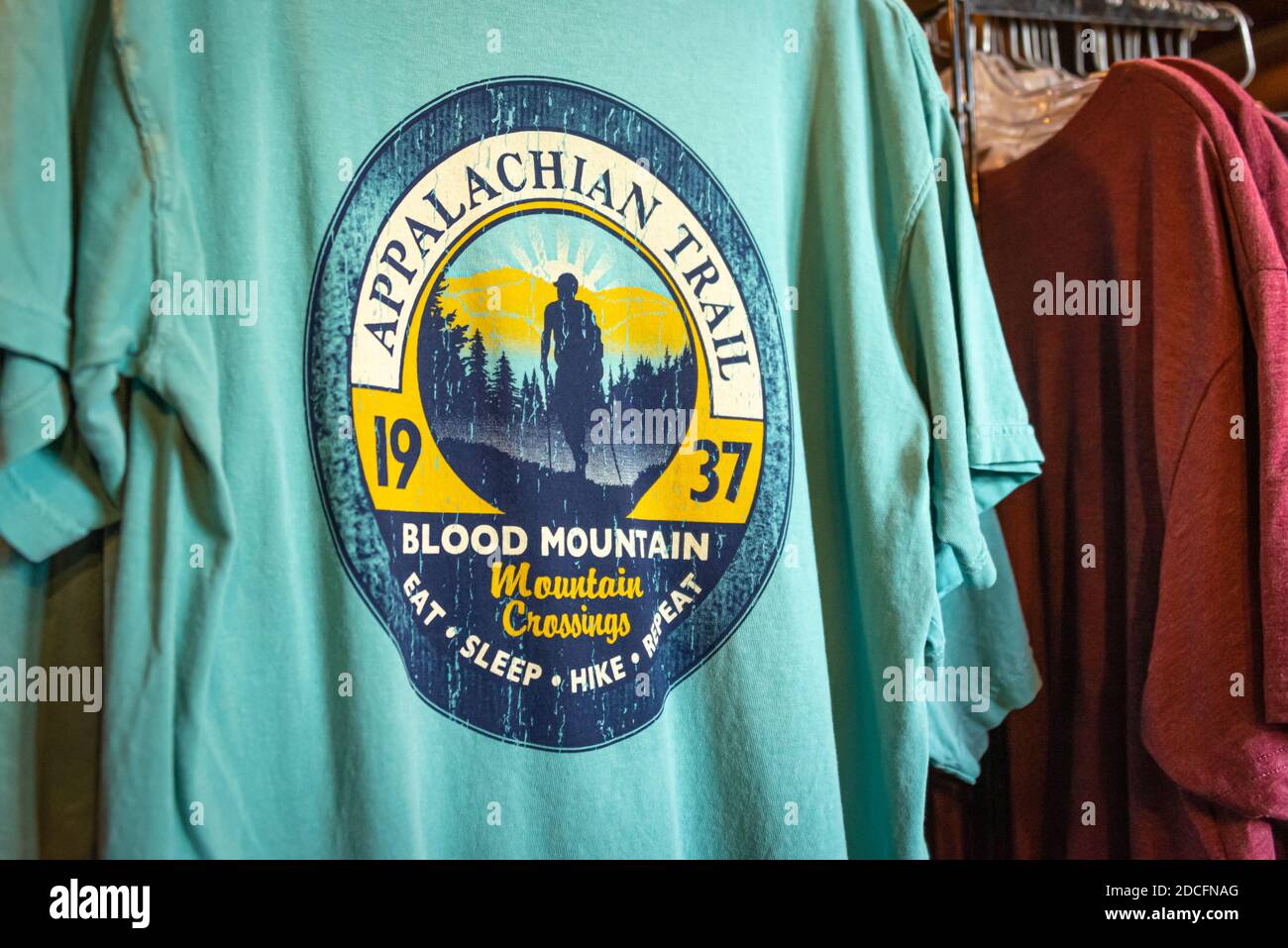 Appalachian Trail / Blood Mountain t-shirts at Mountain Crossings at Walasi-yi on the Appalachian Trail at Neels Gap in Blairsville, Georgia. (USA) Stock Photo