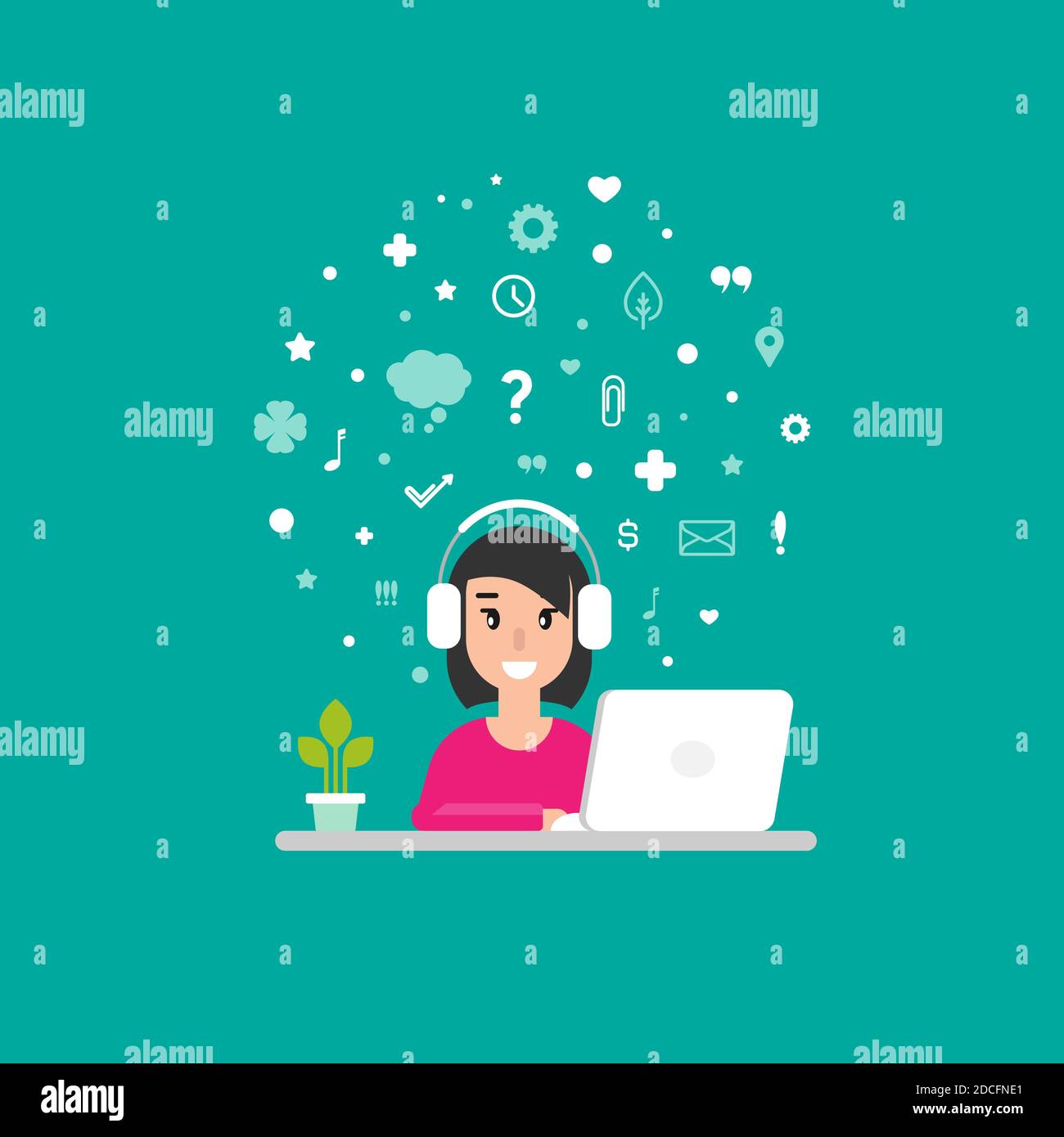 Cute freelancer girl on computer with flying symbols. flat vector ...