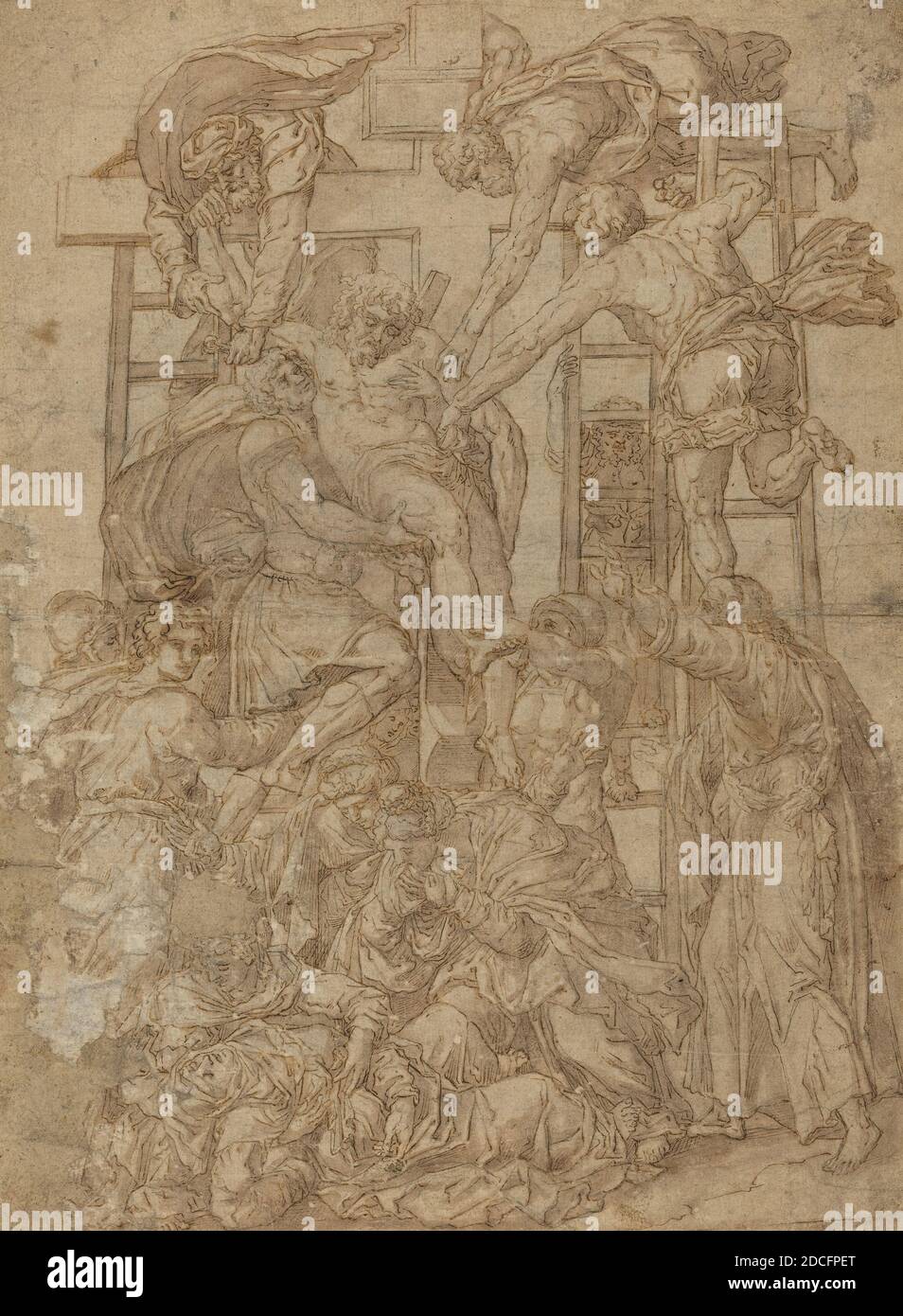 Anonymous Artist, (artist), Daniele Ricciarelli, (artist after), Italian, c. 1509 - 1566, Descent from the Cross, pen and brown ink with brown wash on laid paper, sight size: 39.7 x 29.3 cm (15 5/8 x 11 9/16 in.), support: 61.6 x 51.1 cm (24 1/4 x 20 1/8 in Stock Photo