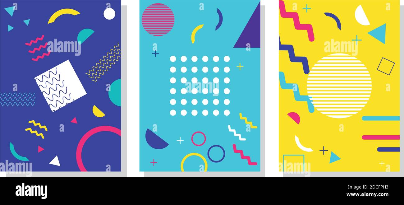 three vivid memphis style backgrounds vector illustration design Stock Vector