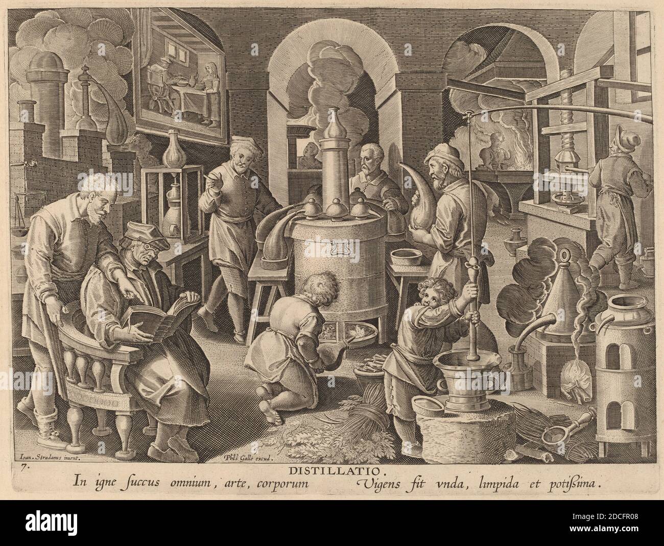 Theodor Galle, (artist), Flemish, c. 1571 - 1633, Jan van der Straet, (artist after), Flemish, 1523 - 1605, Distillation: pl.7, New Discoveries, (series), c. 1580/1590, engraving Stock Photo