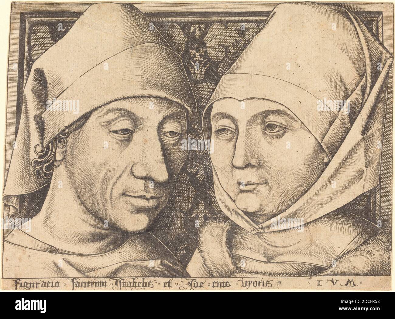 Israhel van Meckenem, (artist), German, c. 1445 - 1503, Double Portrait of Israhel van Meckenem and His Wife Ida, c. 1490, engraving, sheet (trimmed to plate mark): 13 x 17.5 cm (5 1/8 x 6 7/8 in Stock Photo