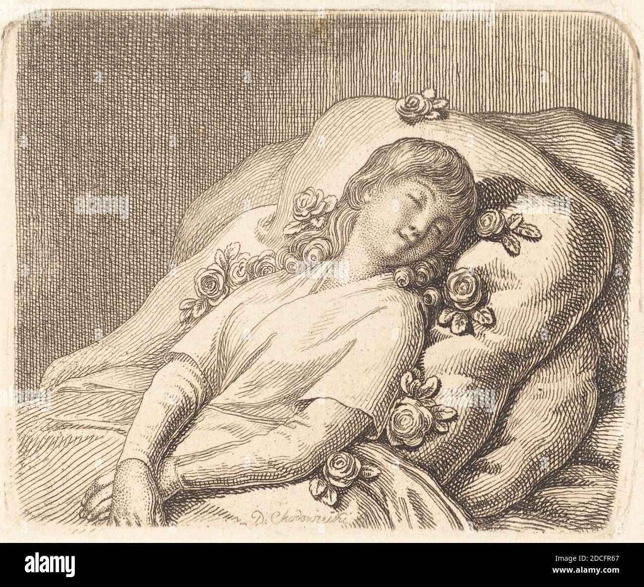Daniel Nikolaus Chodowiecki, (artist), German, 1726 - 1801, Dreaming on Roses, 1790, etching Stock Photo