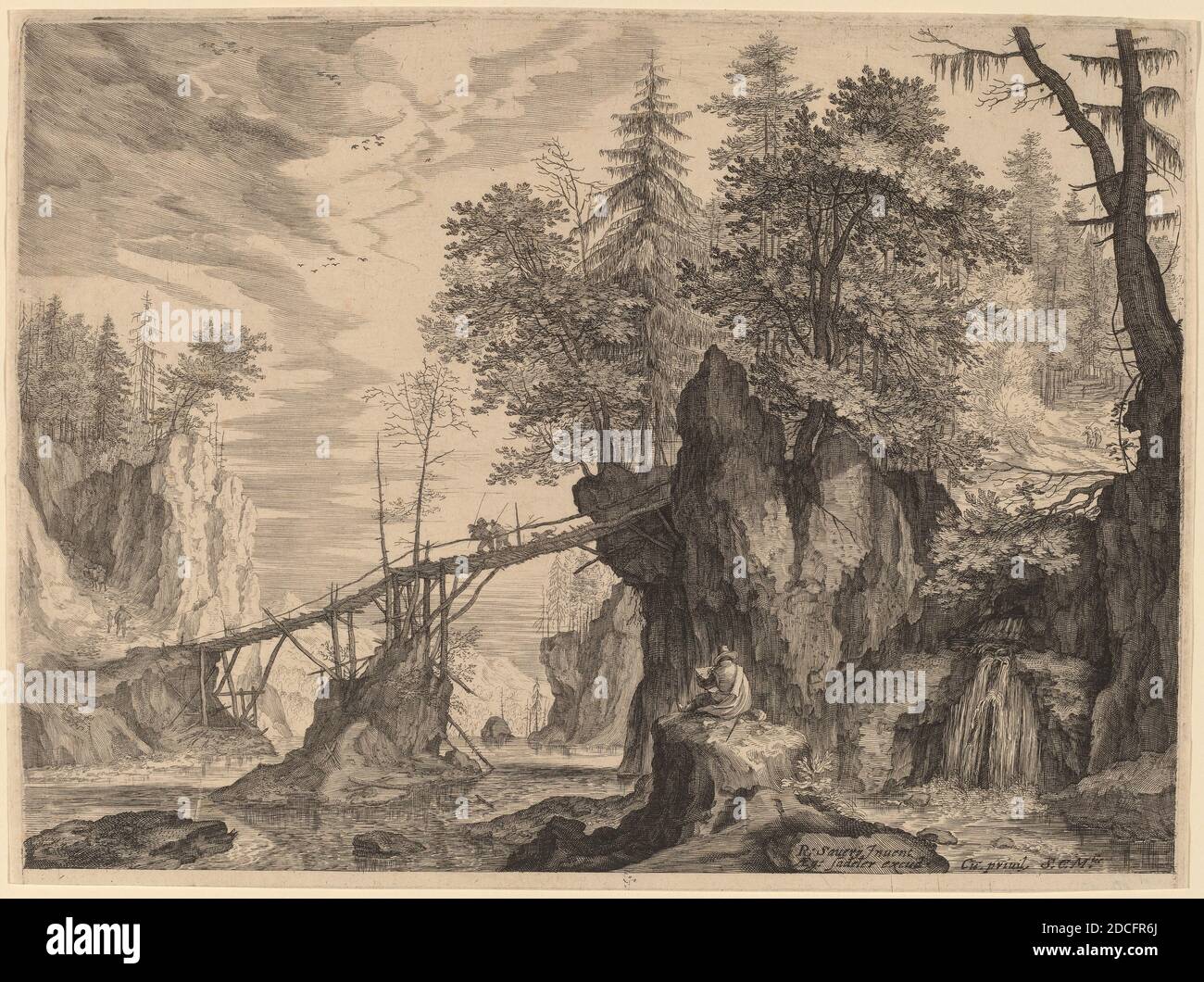 Aegidius Sadeler II, (artist), Flemish, c. 1570 - 1629, Roelandt Savery, (artist after), Dutch, 1576 - 1639, Draughtsman on a Stone before a Bridge, Six Mountainous Landscapes in Tyrol, (series), probably c. 1609, engraving Stock Photo