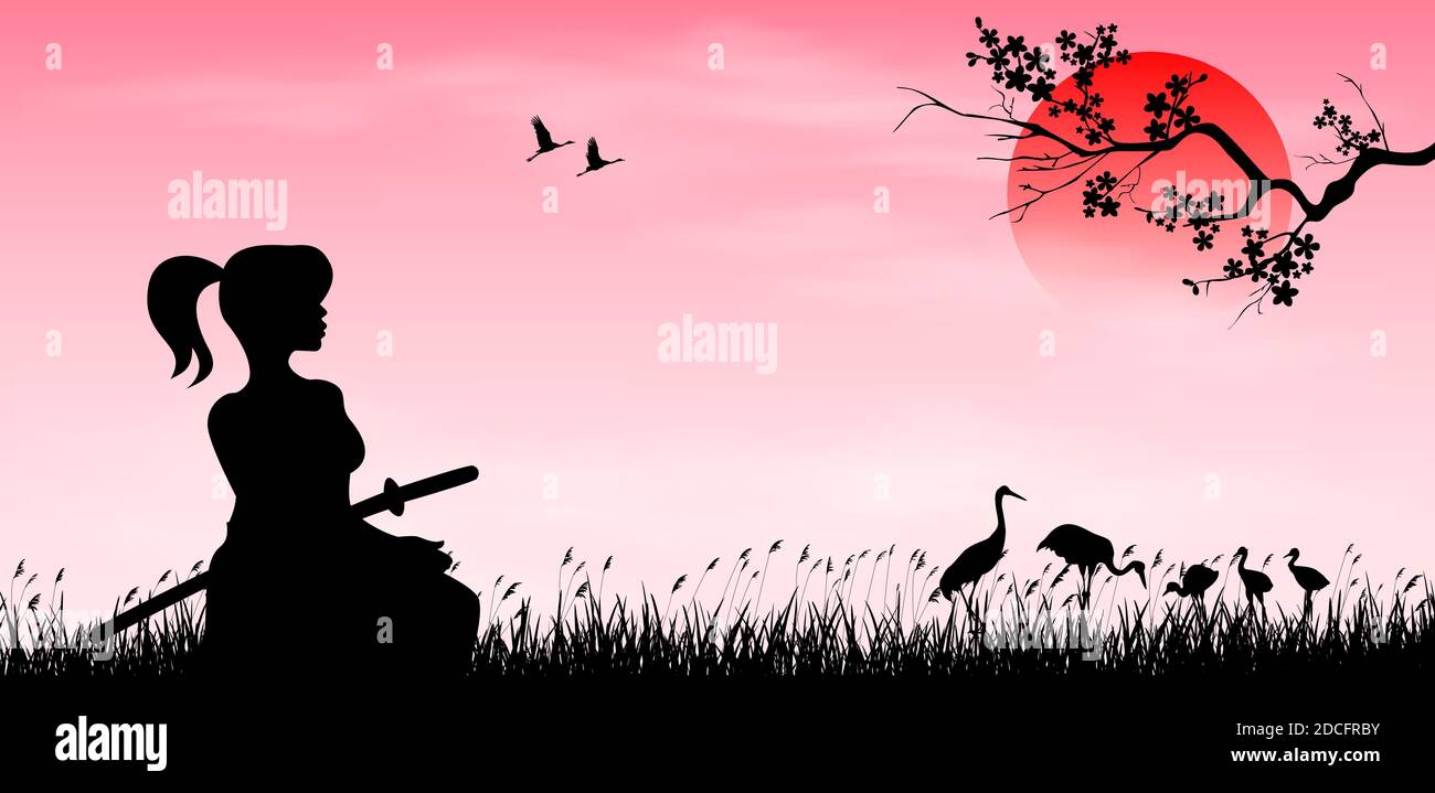 A warrior girl with a samurai sword sits on the grass against a sunset background. Sun, sakura branch and birds. Japanese landscape. Stock Vector