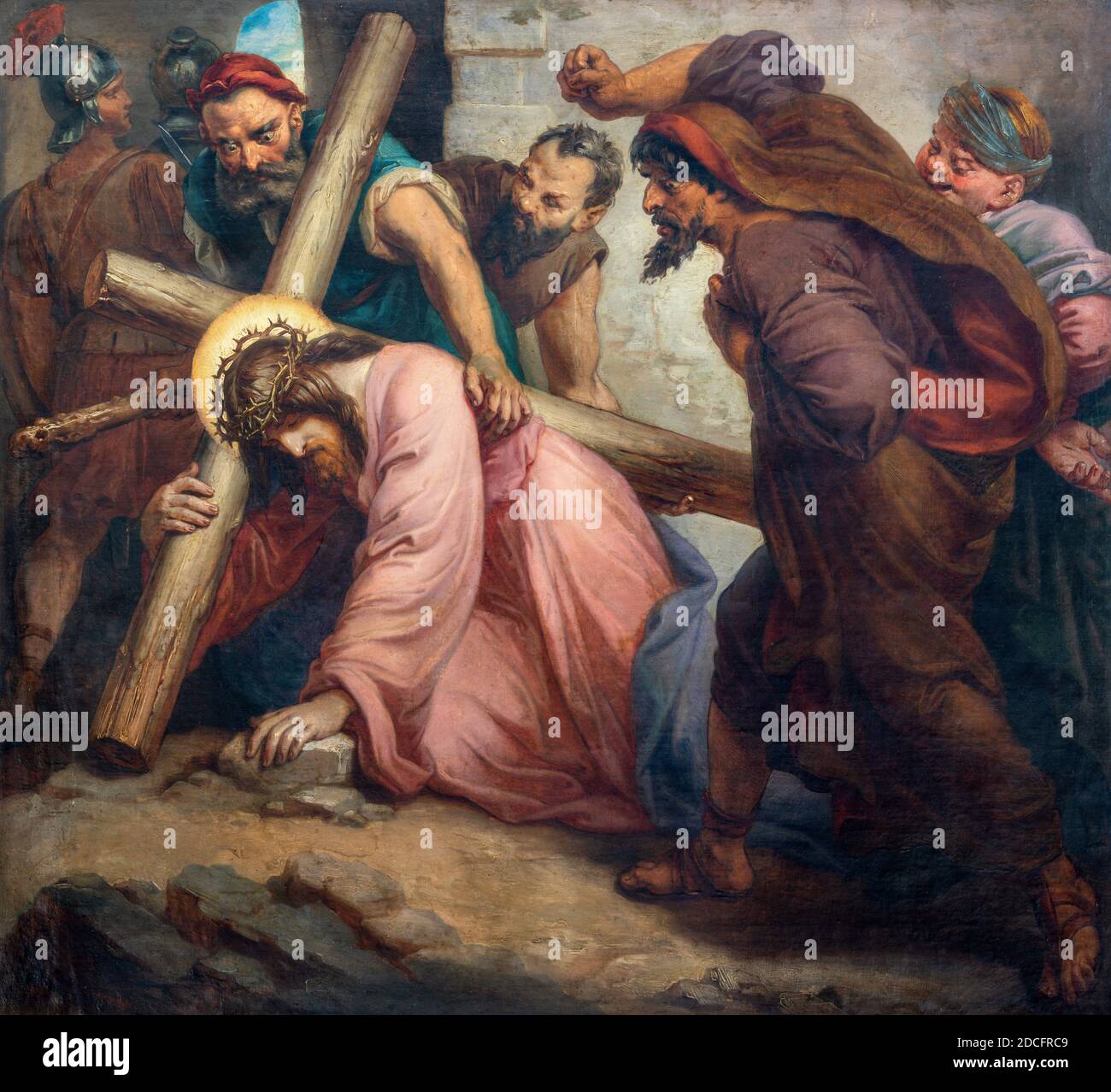 VIENNA, AUSTIRA - OCTOBER 22, 2020: The painting fall of Jesus under the cross in church St. Johann der Evangelist by Karl Geiger (1876). Stock Photo