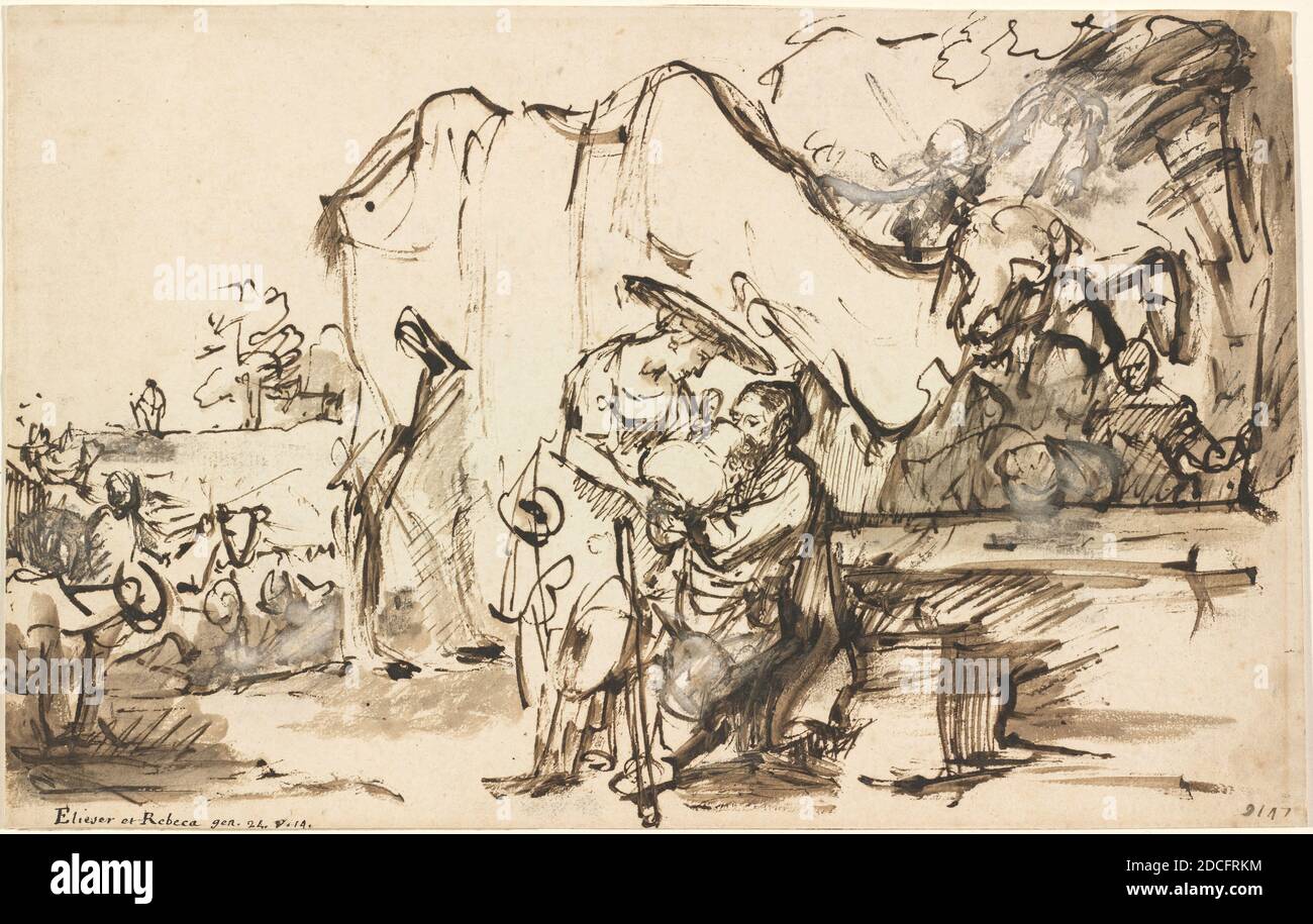 Rembrandt van Rijn, (artist), Dutch, 1606 - 1669, Eliezer and Rebecca at the Well, 1640s, reed pen and brown ink with brown wash and white gouache, overall: 21 x 33.2 cm (8 1/4 x 13 1/16 in Stock Photo