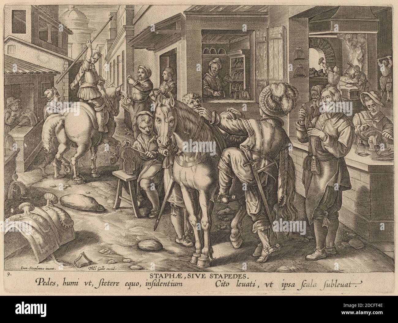 Theodor Galle, (artist), Flemish, c. 1571 - 1633, Jan van der Straet, (artist after), Flemish, 1523 - 1605, Equestrian Harnesses: pl.9, New Discoveries, (series), c. 1580/1590, engraving Stock Photo