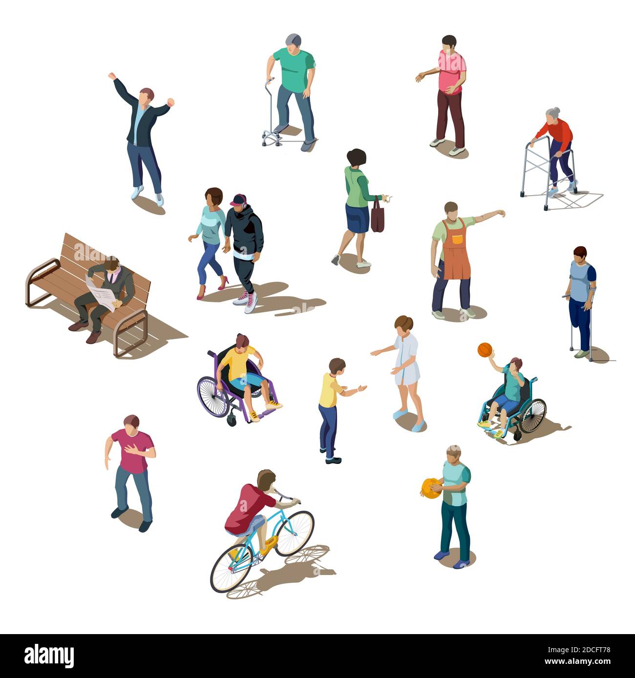 Isometric 3d set of different people. Young and old characters who walk, play, ride or communicate. Disabled humans are walking with walker, crutches, cane or on wheelchair. Businessman read newspaper Stock Vector