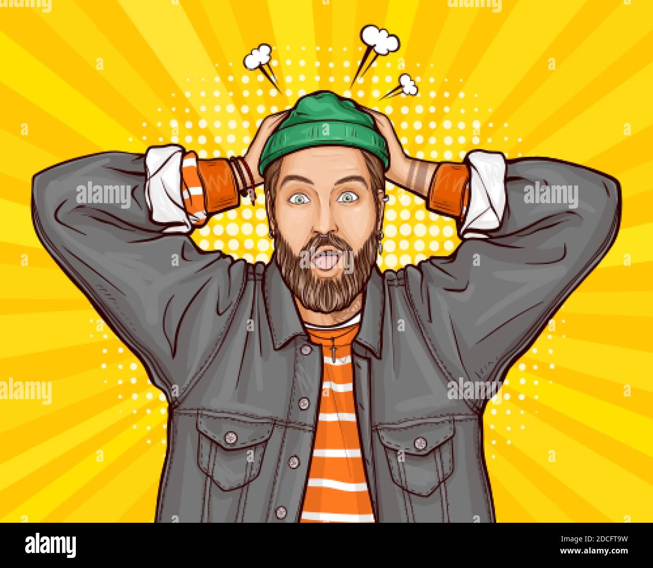 Pop art vector illustration of surprised, shocked or perplexed hipster man holding hands on head, wide opens his mouth, eyes. Amazed guy in jacket Stock Vector