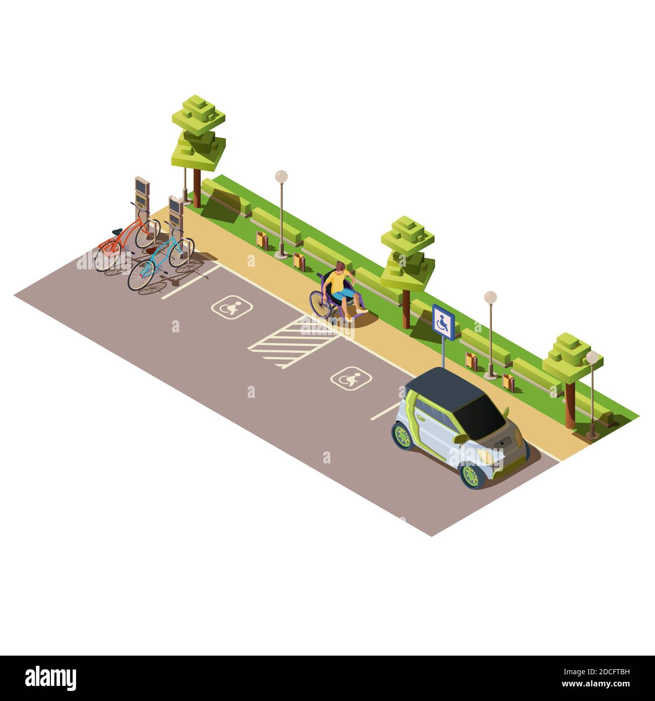 Isometric bicycle renting station, electric vehicle and cars parking lot or car-parking for the disabled. Zone with man on wheelchair for handicapped Stock Vector