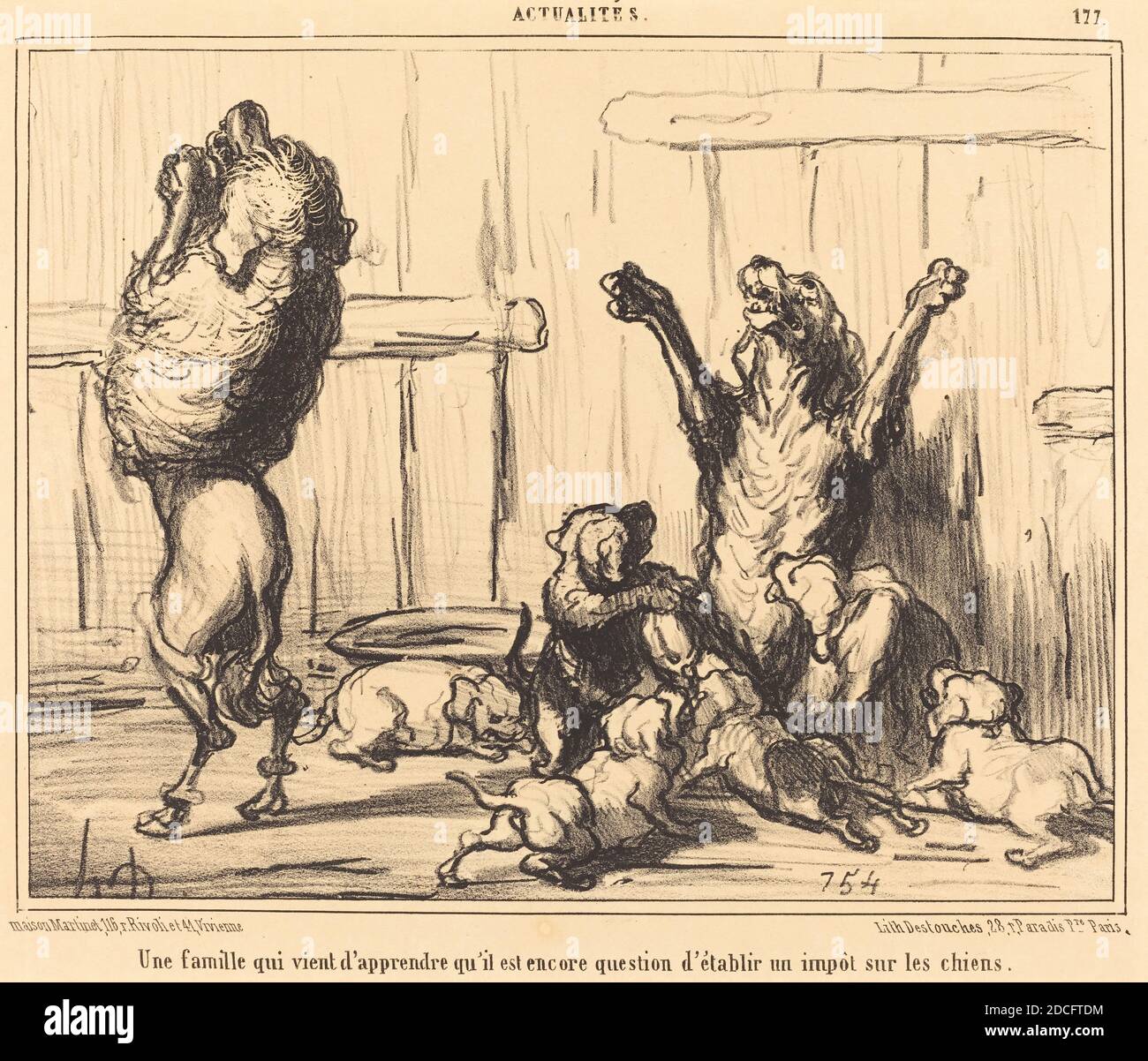 Honoré Daumier, (artist), French, 1808 - 1879, Une Famille qui vient d'apprendre... un impot sur les chiens, Actualités, (series), 1855, lithograph Stock Photo