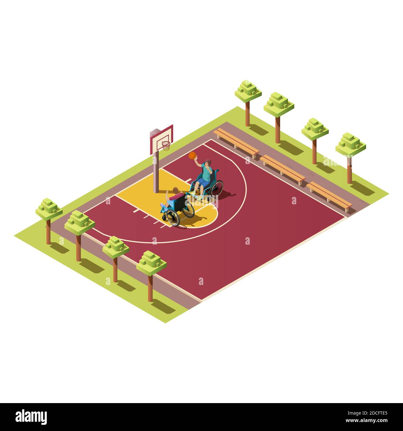 Sport players with ball, people with disabilities. Isometric composition with two invalids in wheelchair playing basketball on athletic field vector Stock Vector