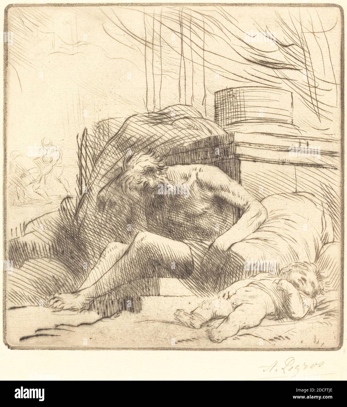 Alphonse Legros, (artist), French, 1837 - 1911, Victim of a Fire (Victime d'un incendie), drypoint Stock Photo
