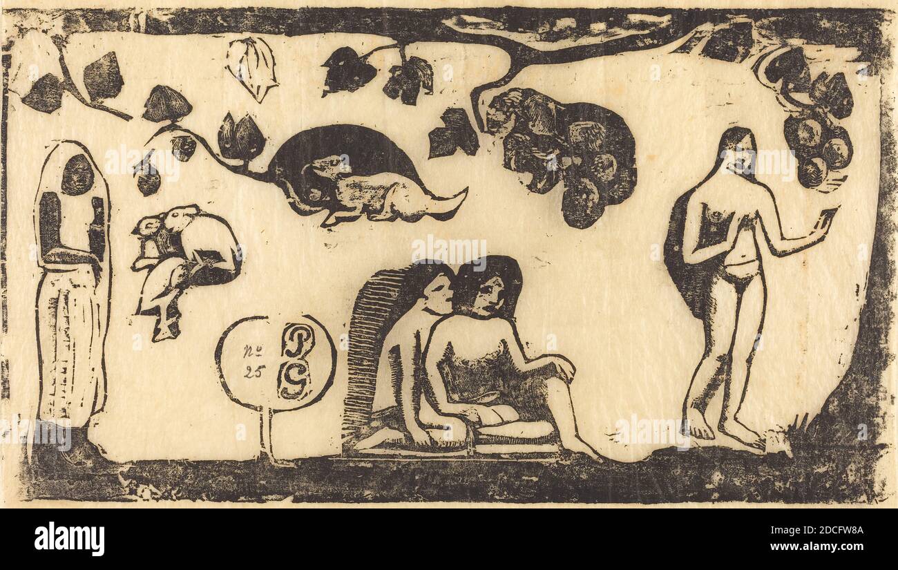 Paul Gauguin, (artist), French, 1848 - 1903, Women, Animals and Foliage (Femmes, animaux et feuillages), in or after 1895, woodcut in black Stock Photo