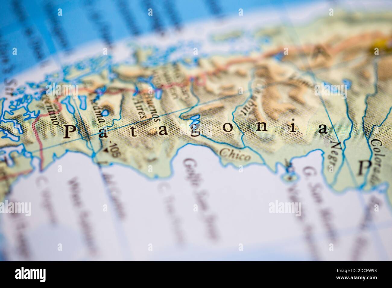 frivillig Grusom Kirken Shallow depth of field focus on geographical map location of Patagonia  Desert Argentina South America continent on atlas Stock Photo - Alamy
