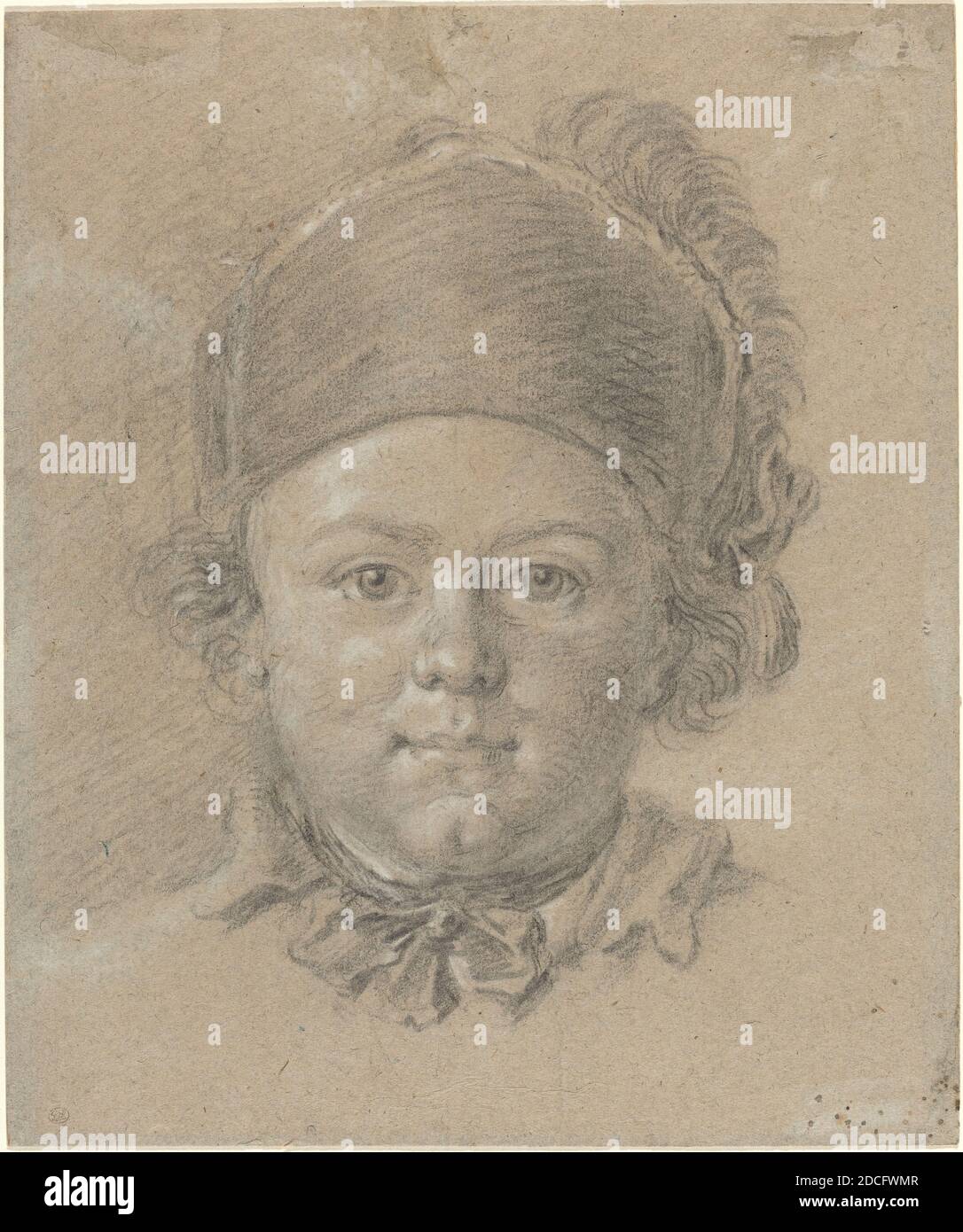 French 18th Century, (artist), A Boy Wearing a Military Cap, black chalk heightened with white on blue laid paper, overall: 24.3 x 20.3 cm (9 9/16 x 8 in Stock Photo