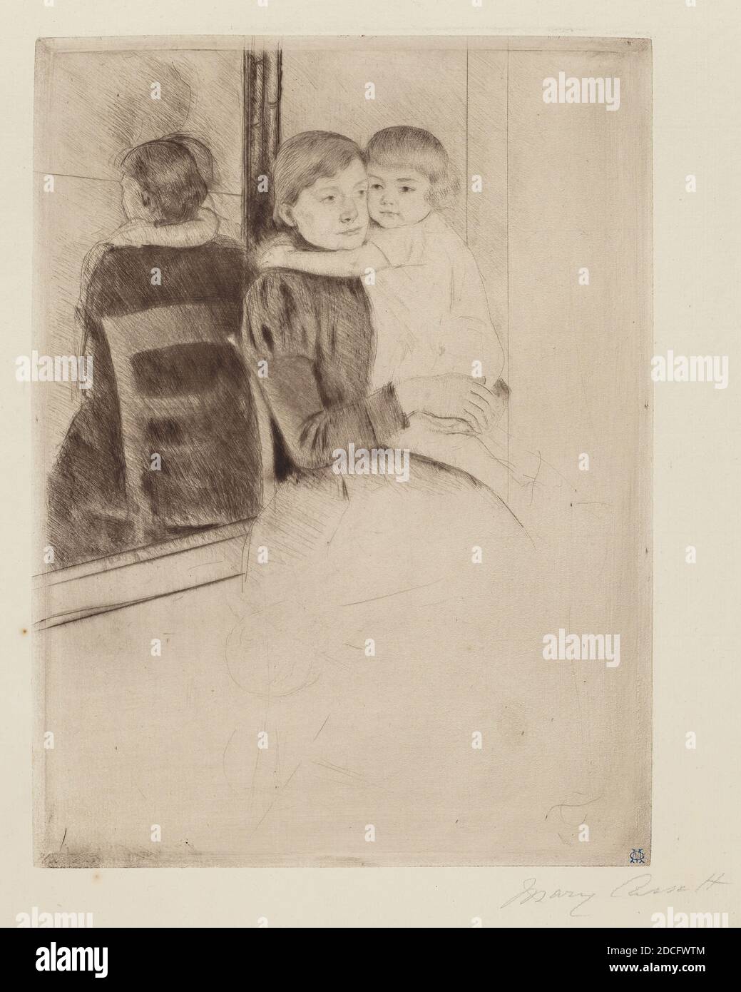 Mary Cassatt, (artist), American, 1844 - 1926, The Mirror, c. 1891, drypoint in black, plate: 22.54 × 16.99 cm (8 7/8 × 6 11/16 in Stock Photo
