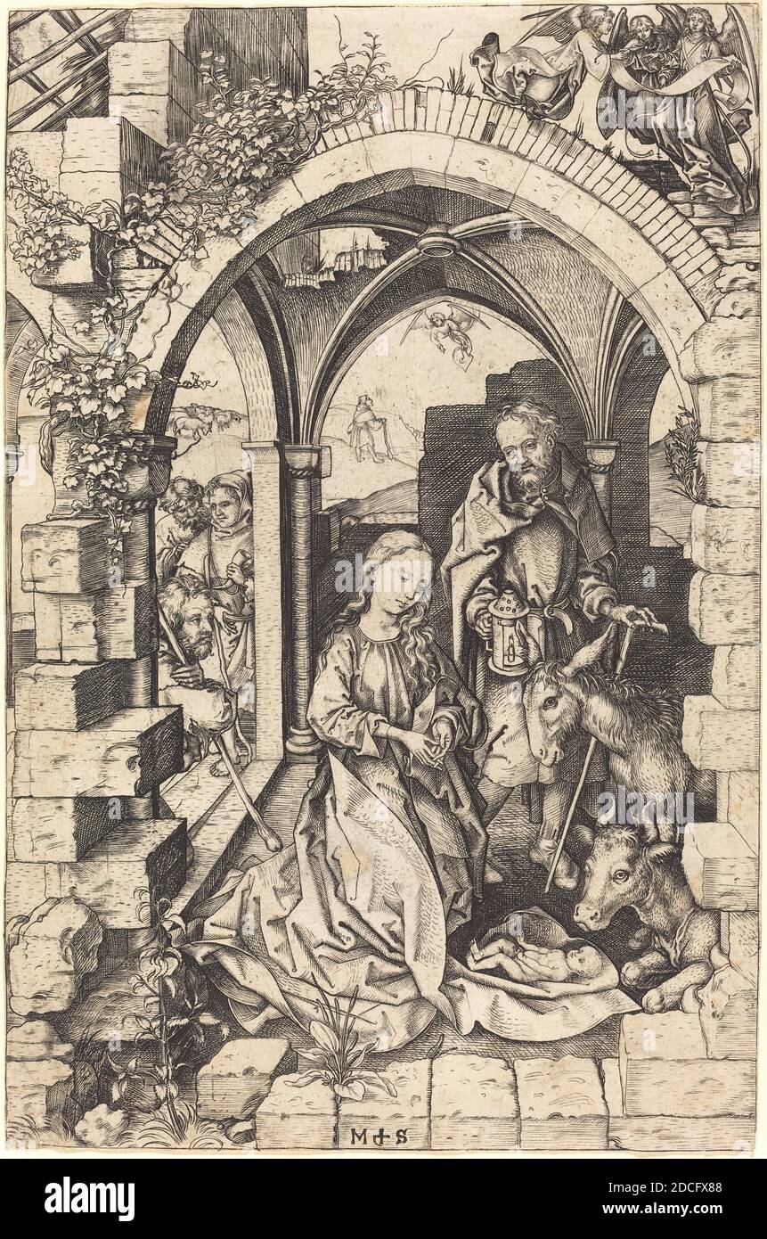 Martin Schongauer, (artist), German, c. 1450 - 1491, The Nativity, Life of the Virgin, (series), c. 1470/1475, engraving, sheet (trimmed within plate mark): 25.6 x 16.8 cm (10 1/16 x 6 5/8 in Stock Photo