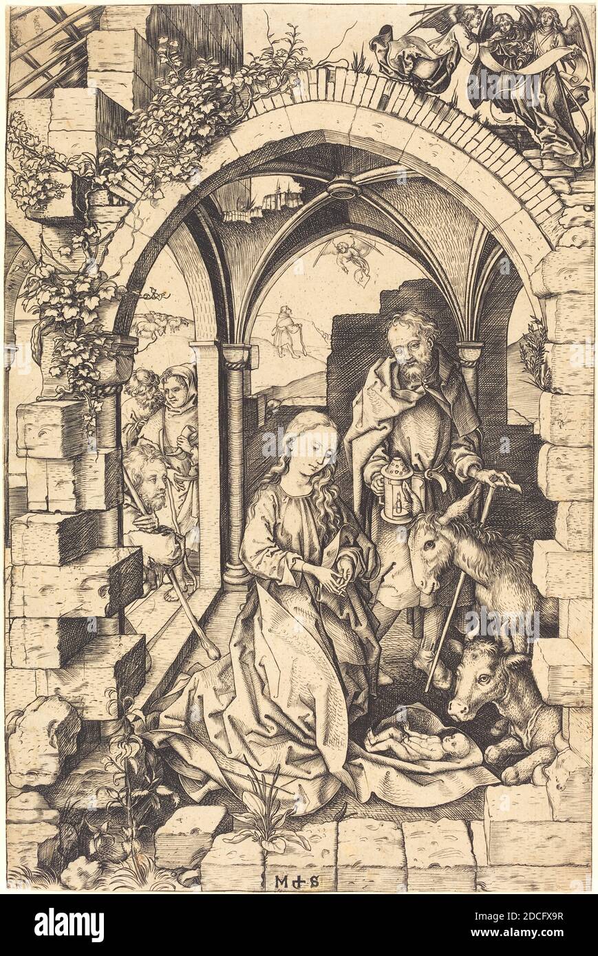 Martin Schongauer, (artist), German, c. 1450 - 1491, The Nativity, Life of the Virgin, (series), c. 1470/1475, engraving on laid paper, sheet (trimmed to plate mark): 25.4 x 16.8 cm (10 x 6 5/8 in Stock Photo