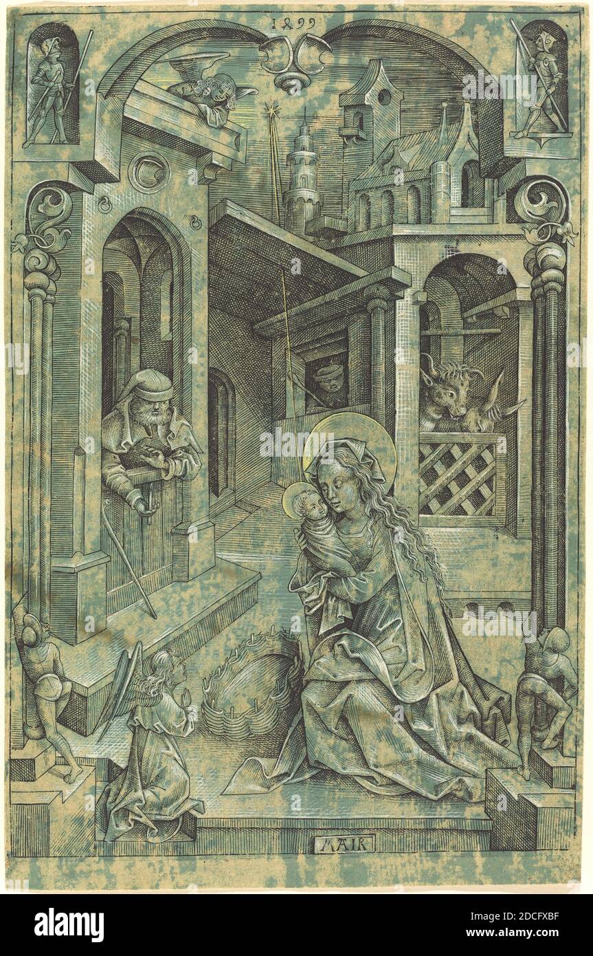 Mair von Landshut, (artist), German, active c. 1485/1510, The Nativity, 1499, engraving heightened with white and yellow on green prepared paper, sheet: 20.9 x 13.6 cm (8 1/4 x 5 3/8 in Stock Photo