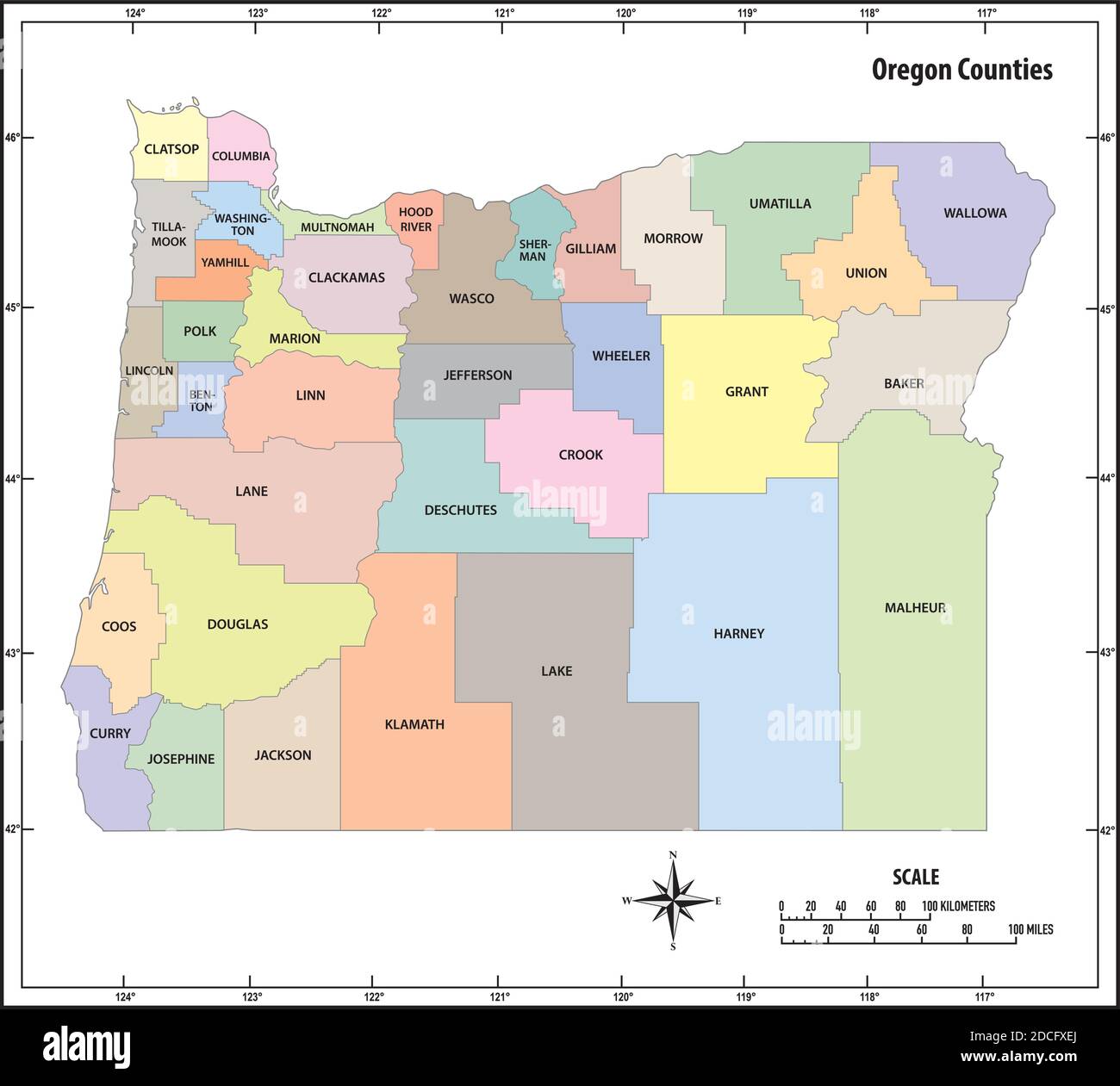 Oregon state outline administrative and political map in color Stock Vector