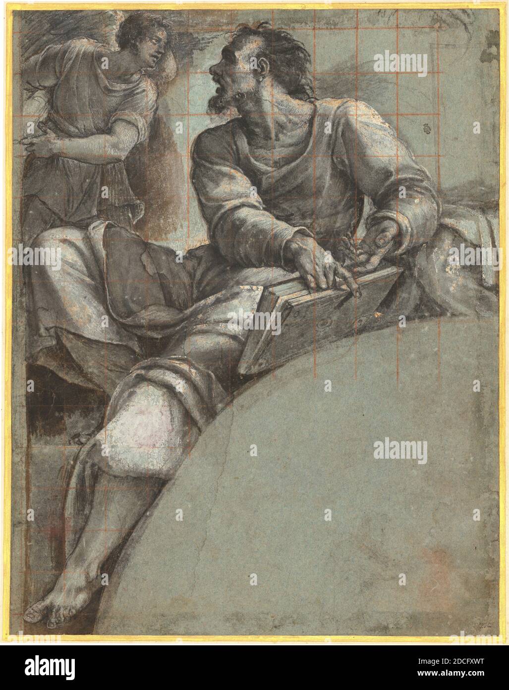 Sebastiano del Piombo, (artist), Venetian, 1485 - 1547, A Prophet Addressed by an Angel, 1517/1519, black chalk with gray and brown wash above four stylus arcs at bottom right, heightened with white and squared with red chalk on blue paper, laid down on late eighteenth/early nineteenth-century mount, overall: 32 × 25 cm (12 5/8 × 9 13/16 in Stock Photo